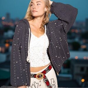 POL Hoodie With Pearls Grey Hooded Sweater with Pearl Accents New Boutique